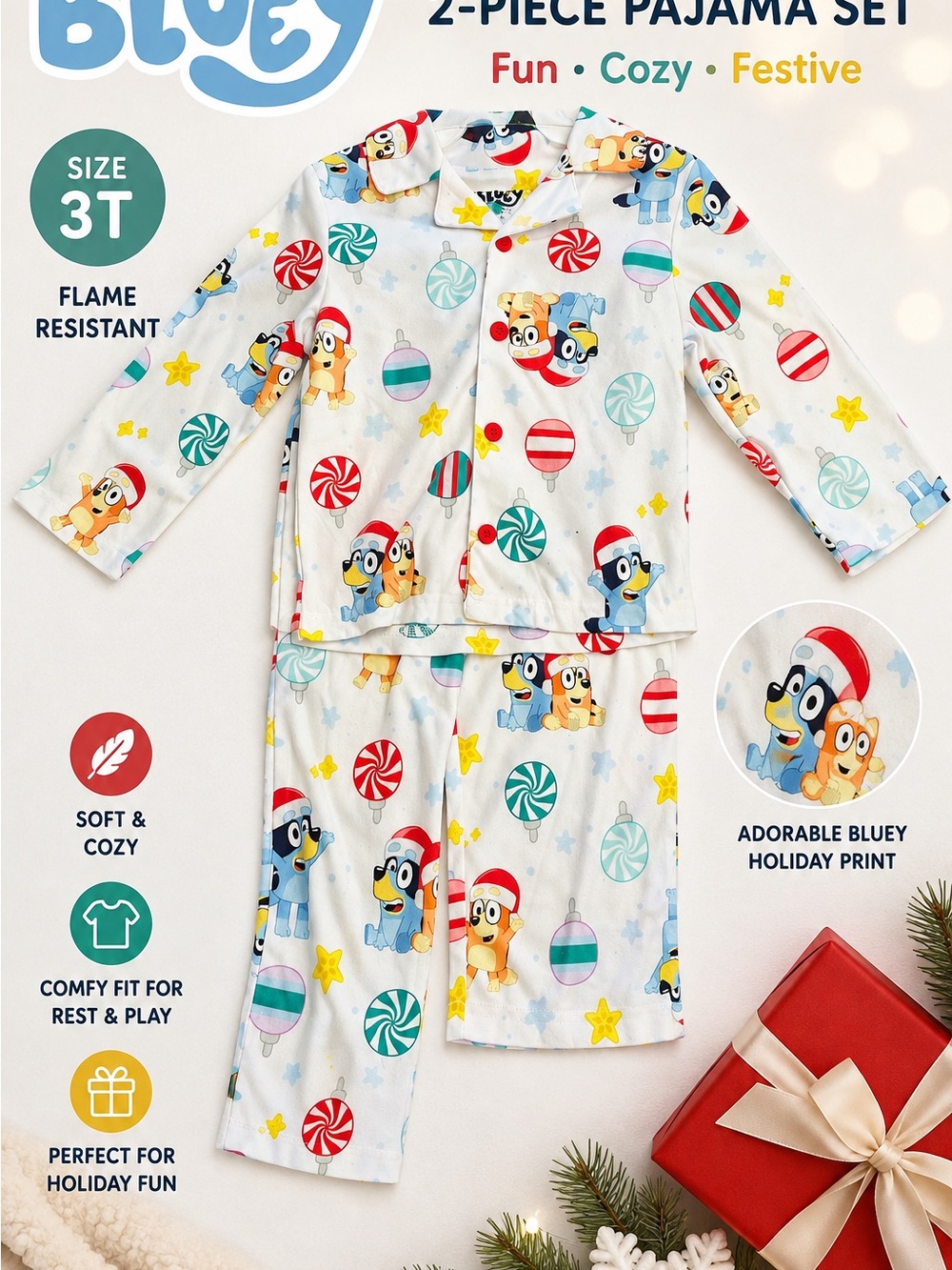 Bluey Holiday Kids Pajama Set - White with Multicolor Candy & Character Print